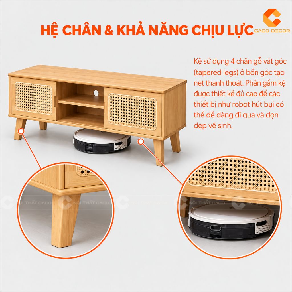 Hệ chân gỗ cao thoáng của kệ tivi gỗ tự nhiên KTV079
