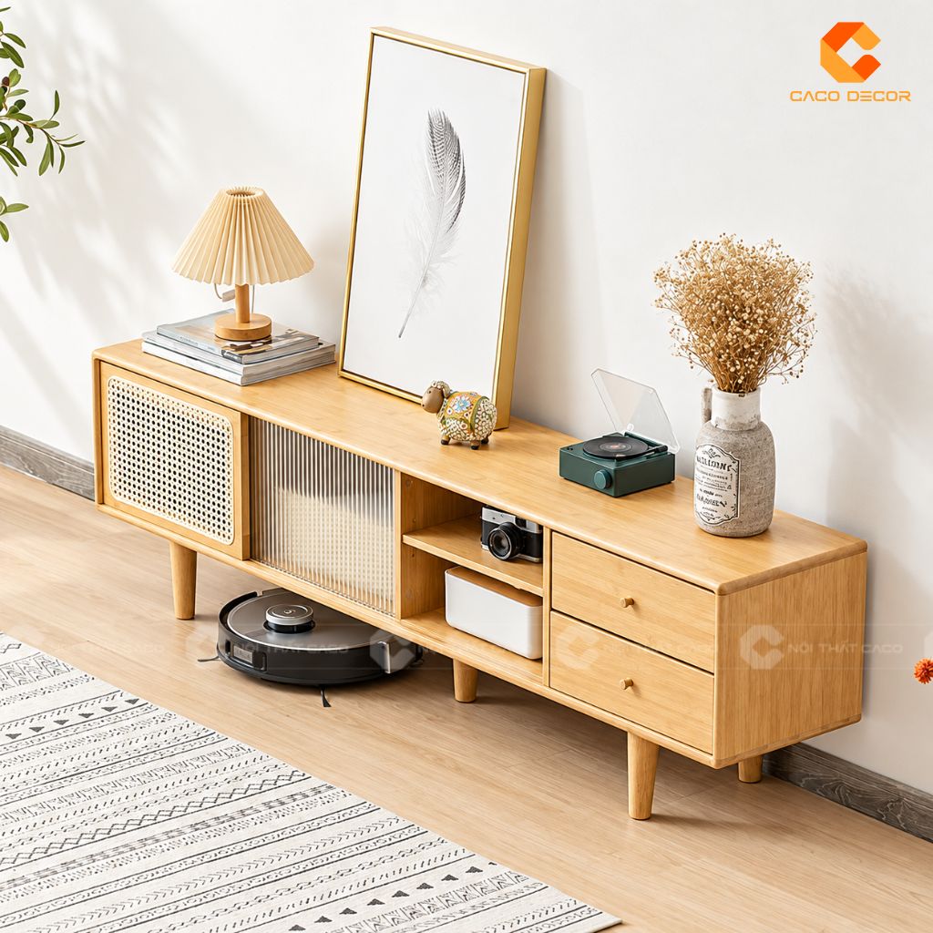 Kệ tivi gỗ tự nhiên KTV079 có khoang mở và ngăn kéo lưu trữ