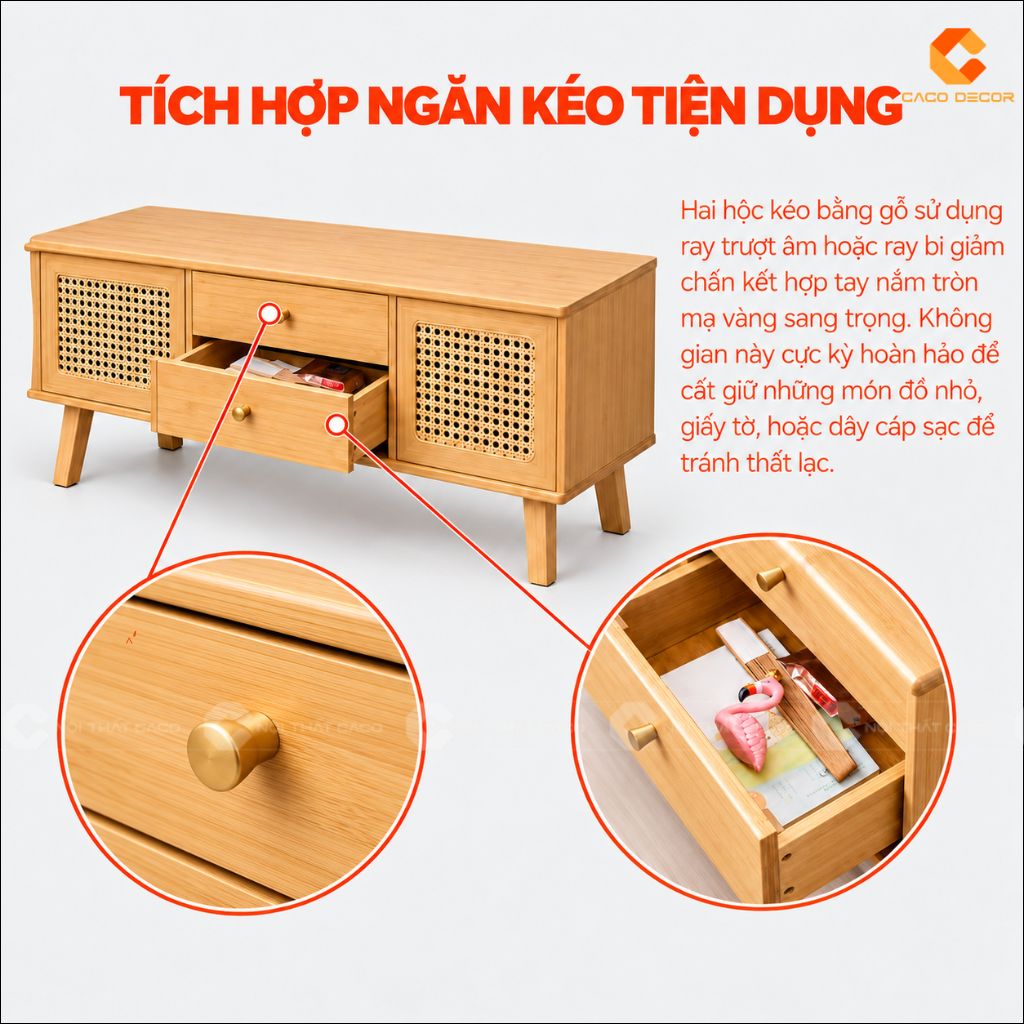 Ngăn kéo tiện dụng của kệ tivi gỗ tự nhiên KTV079