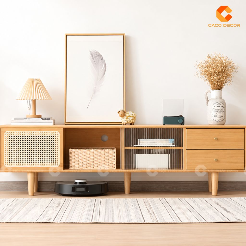Phối cảnh trang trí kệ tivi gỗ tự nhiên KTV079 tông gỗ sáng