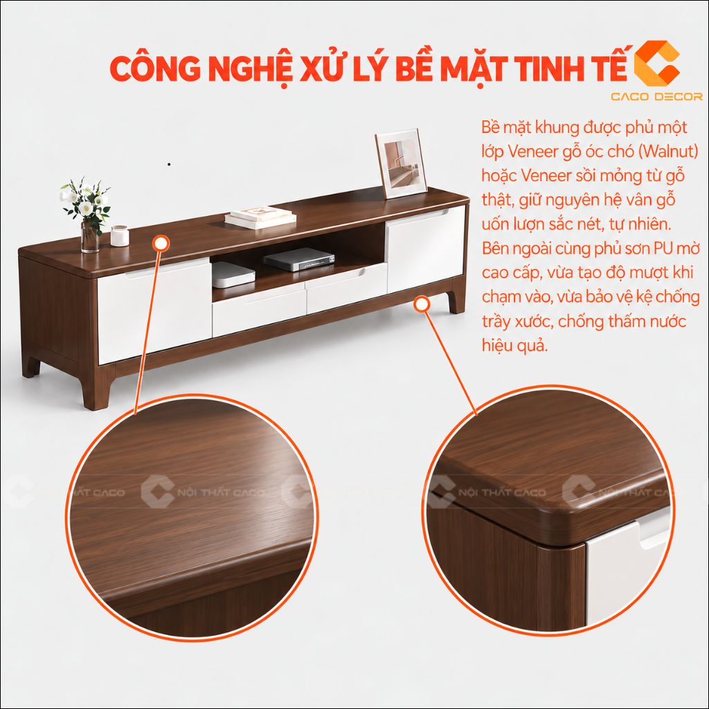 Bề mặt veneer gỗ thật phủ PU mờ của kệ tivi gỗ tự nhiên KTV080