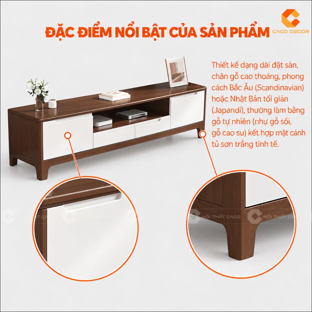 Đặc điểm nổi bật của kệ tivi gỗ tự nhiên KTV080 phối nâu trắng hiện đại