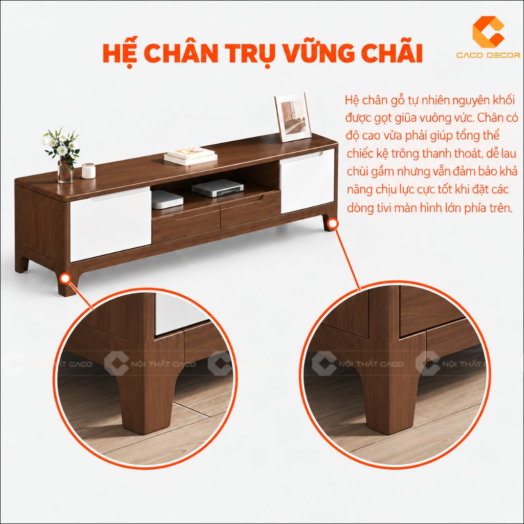 Hệ chân trụ chắc chắn của kệ tivi gỗ tự nhiên KTV080