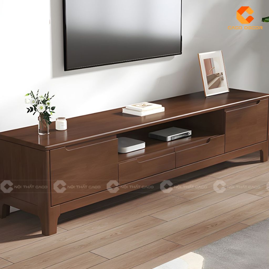 Kệ tivi gỗ tự nhiên KTV080 màu nâu trầm với nhiều ngăn lưu trữ