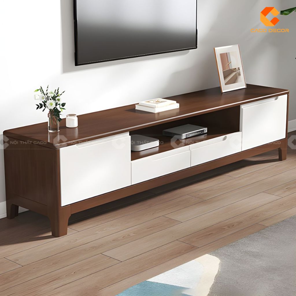 Kệ tivi gỗ tự nhiên KTV080 màu nâu phối cánh trắng hiện đại