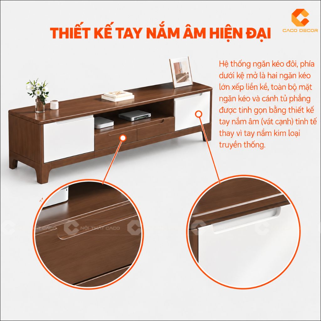 Thiết kế tay nắm âm hiện đại trên kệ tivi gỗ tự nhiên KTV080