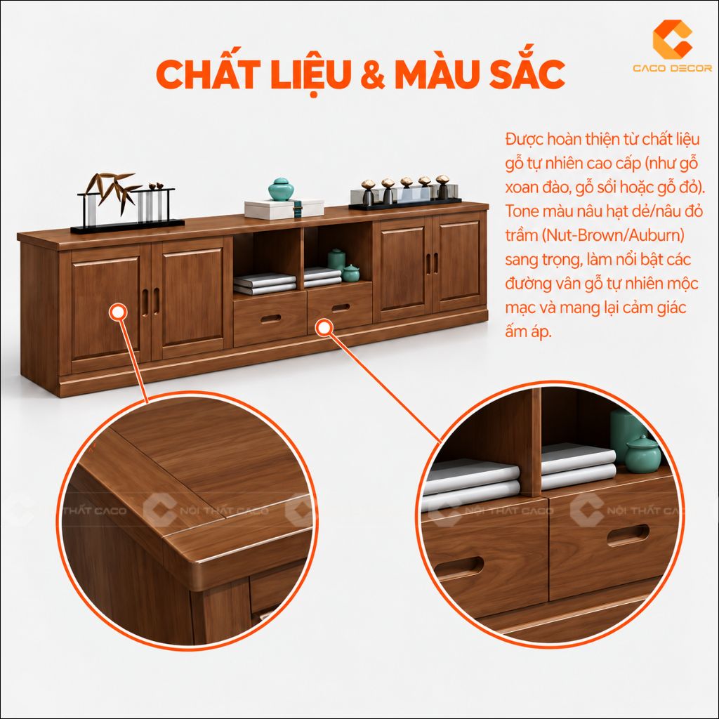 Chất liệu gỗ tự nhiên và màu nâu ấm của kệ tivi KTV081
