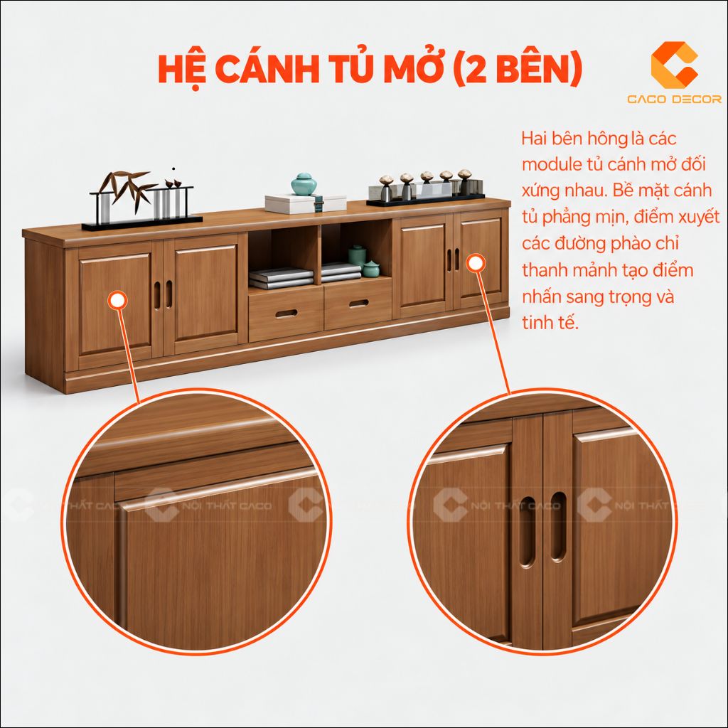 Hệ cánh tủ mở hai bên của kệ tivi gỗ tự nhiên KTV081
