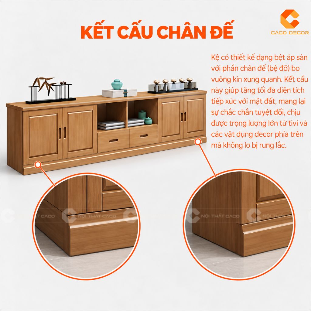 Cận chi tiết chân đế bệt của kệ tivi gỗ tự nhiên KTV081