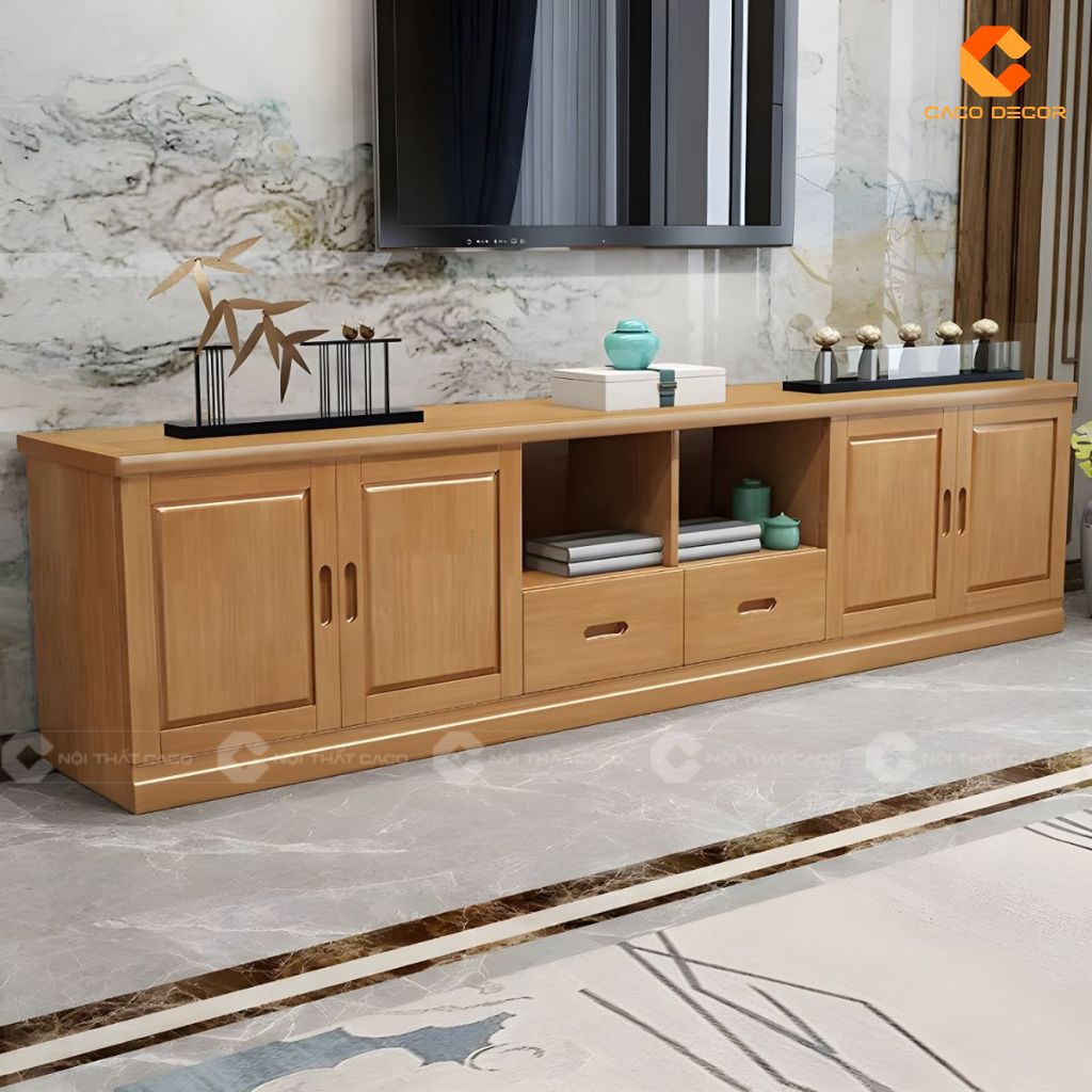 Kệ tivi gỗ tự nhiên KTV081 màu gỗ sáng với thiết kế đối xứng
