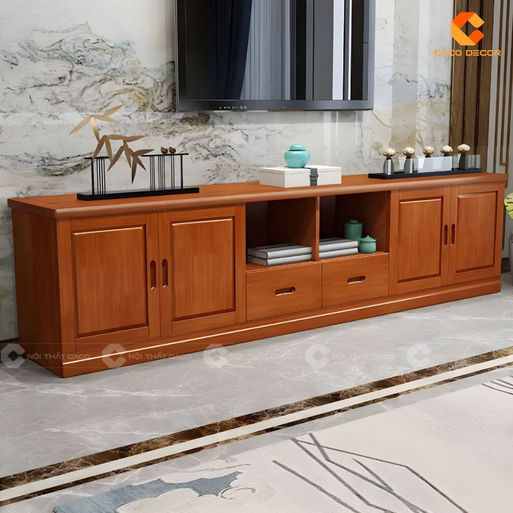 Mẫu kệ tivi gỗ tự nhiên KTV081 màu nâu đỏ ấm áp
