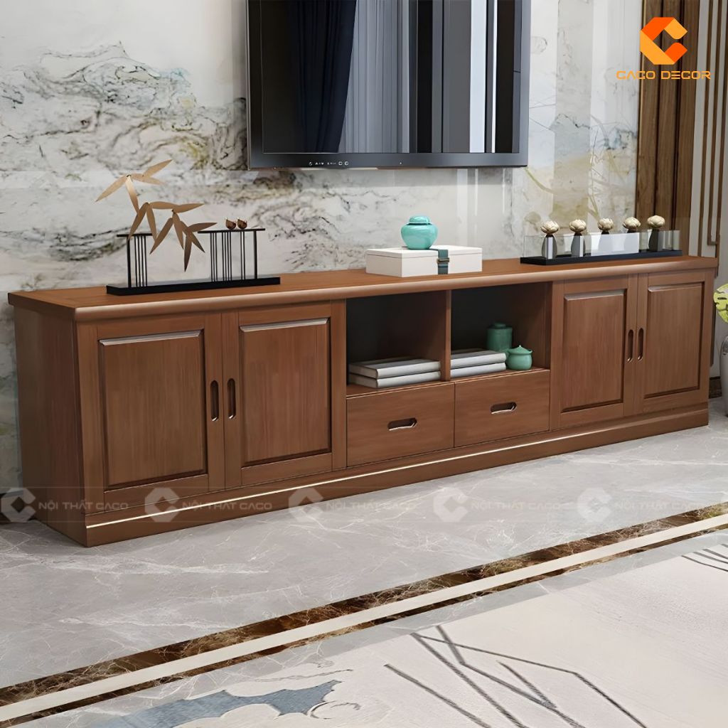 Kệ tivi gỗ tự nhiên KTV081 màu nâu trầm trong không gian phòng khách