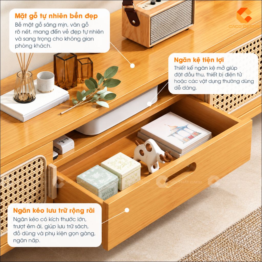 Kệ tivi gỗ tự nhiên KTV082 với ngăn kéo lớn và khoang kệ mở tiện dụng