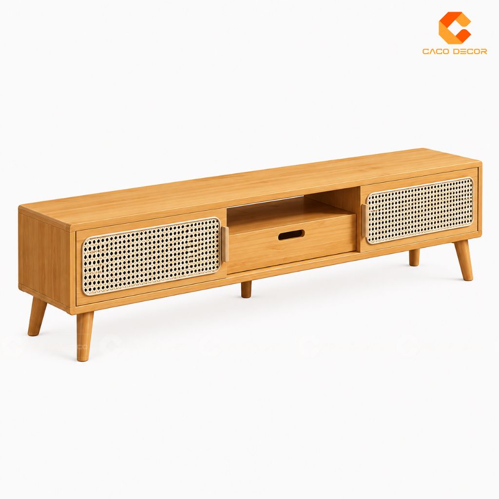 Kệ Tivi Gỗ Tự Nhiên KTV082 Thiết Kế Mây Đan Hiện Đại 3
