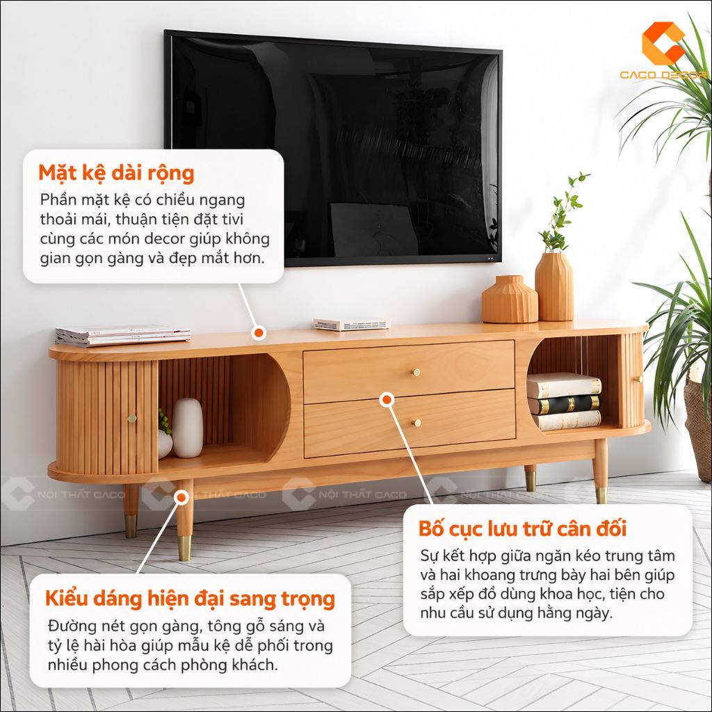 Kệ tivi gỗ tự nhiên KTV083 thiết kế bo cong hiện đại trong phòng khách