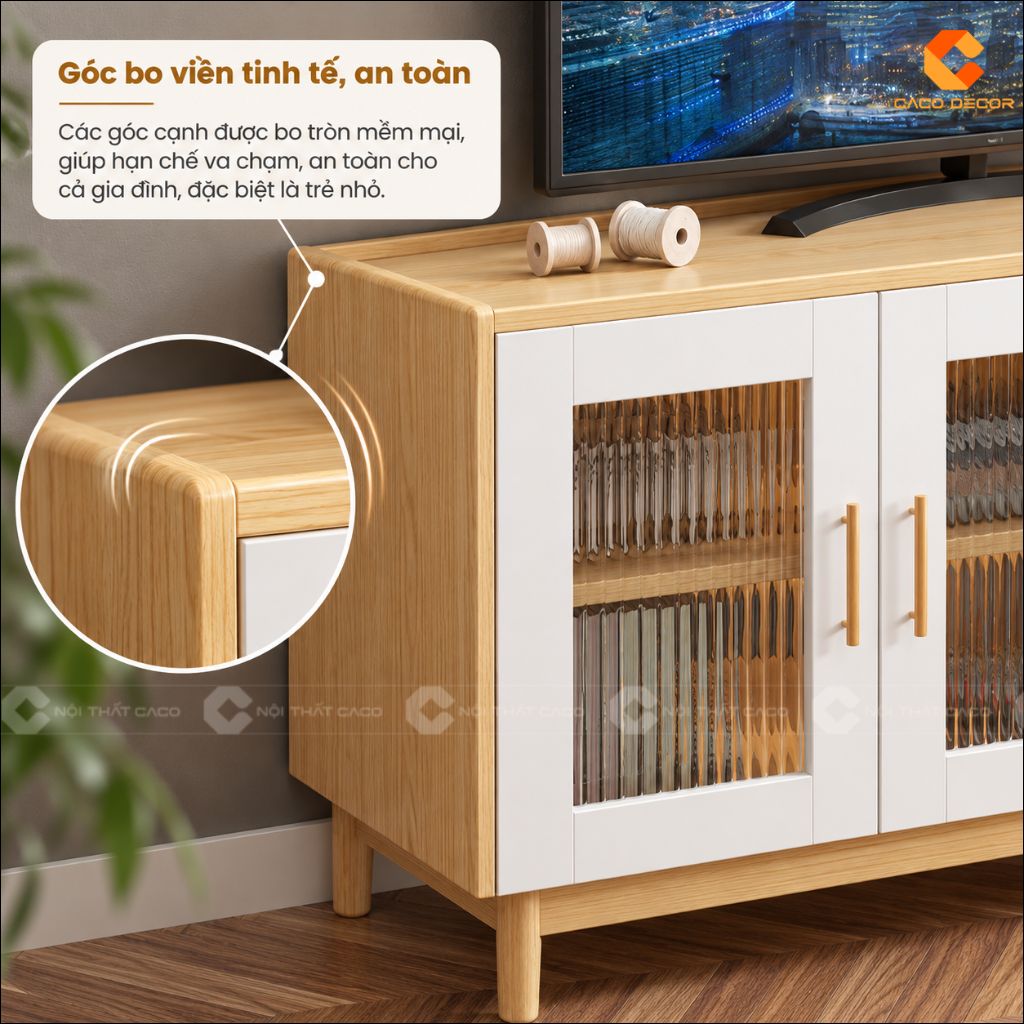 Chi tiết góc bo mềm của kệ tivi gỗ tự nhiên KTV084