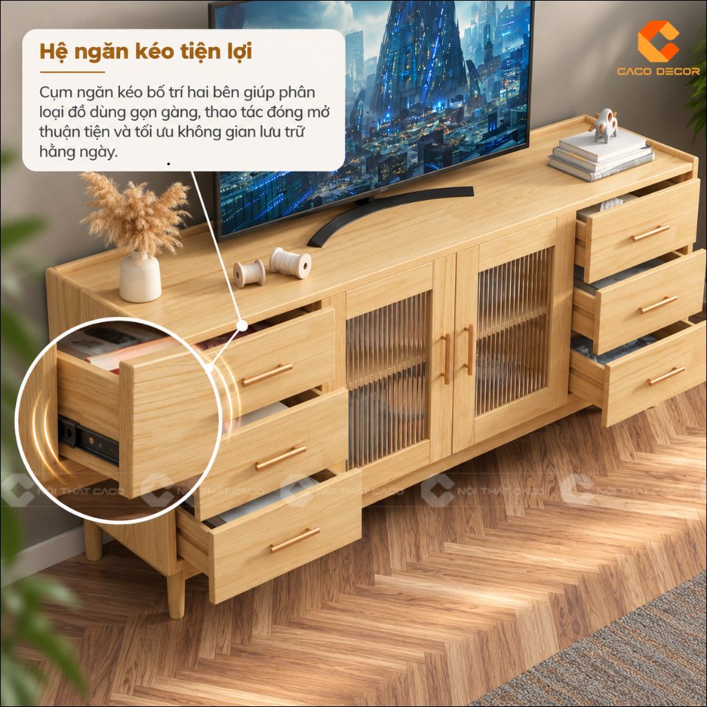 Hệ ngăn kéo hai bên tiện dụng của kệ tivi gỗ tự nhiên KTV084
