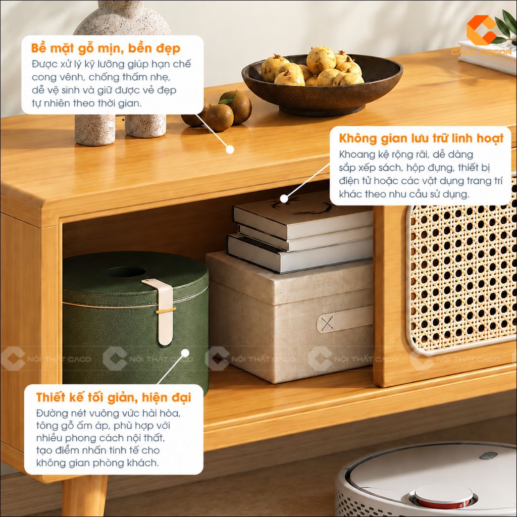 Chi tiết bề mặt gỗ sáng mịn và khoang mở của kệ tivi KTV082