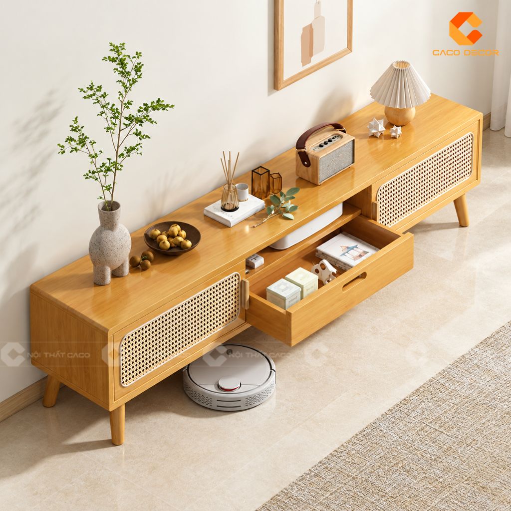 Kệ Tivi Gỗ Tự Nhiên KTV082 Thiết Kế Mây Đan Hiện Đại 8