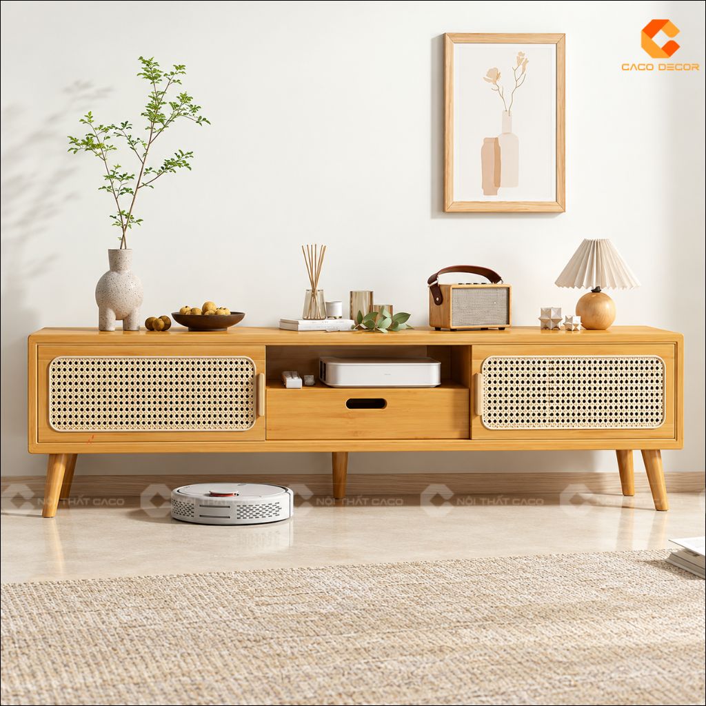 Kệ Tivi Gỗ Tự Nhiên KTV082 Thiết Kế Mây Đan Hiện Đại 5