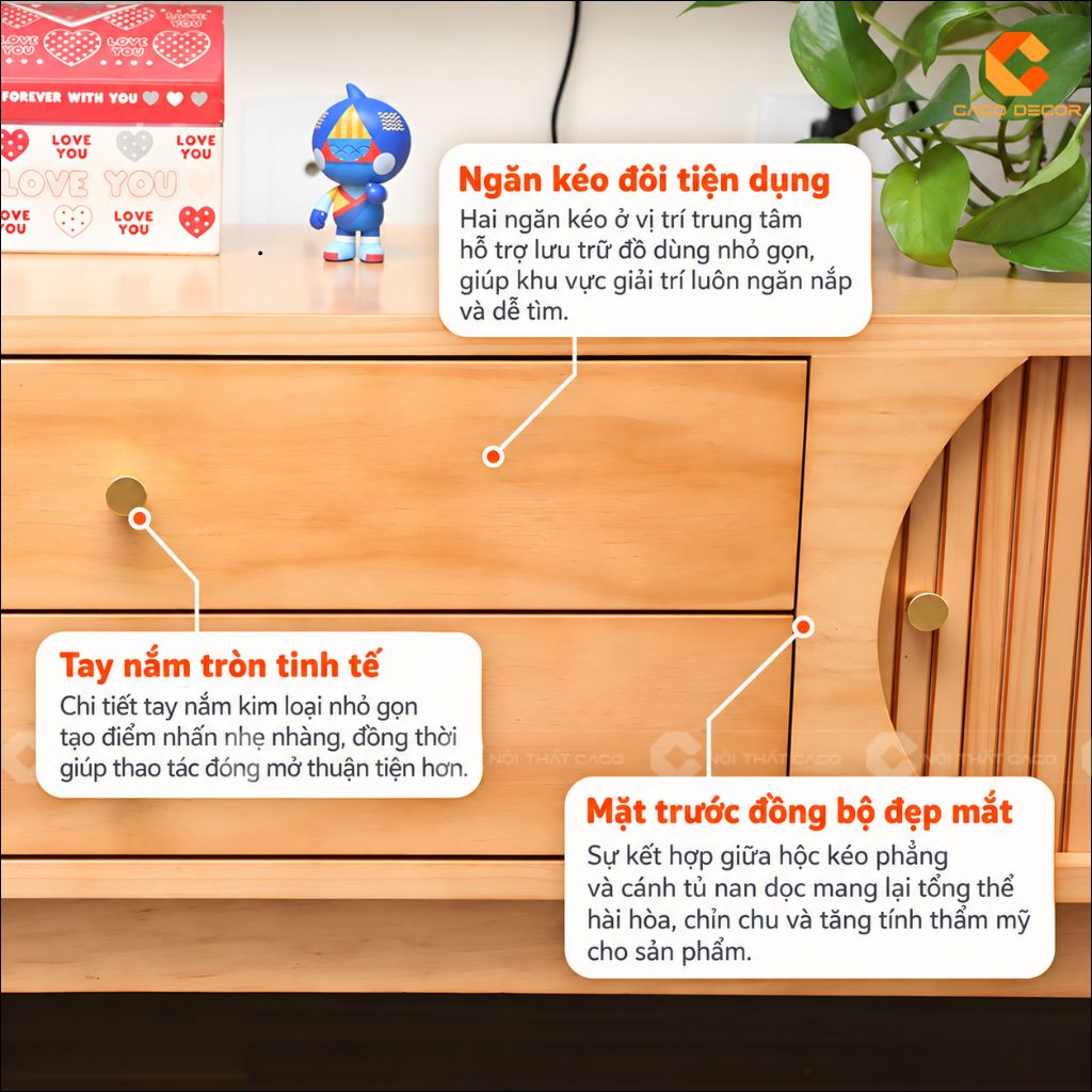 Hai ngăn kéo trung tâm và tay nắm tròn của kệ tivi gỗ tự nhiên KTV083