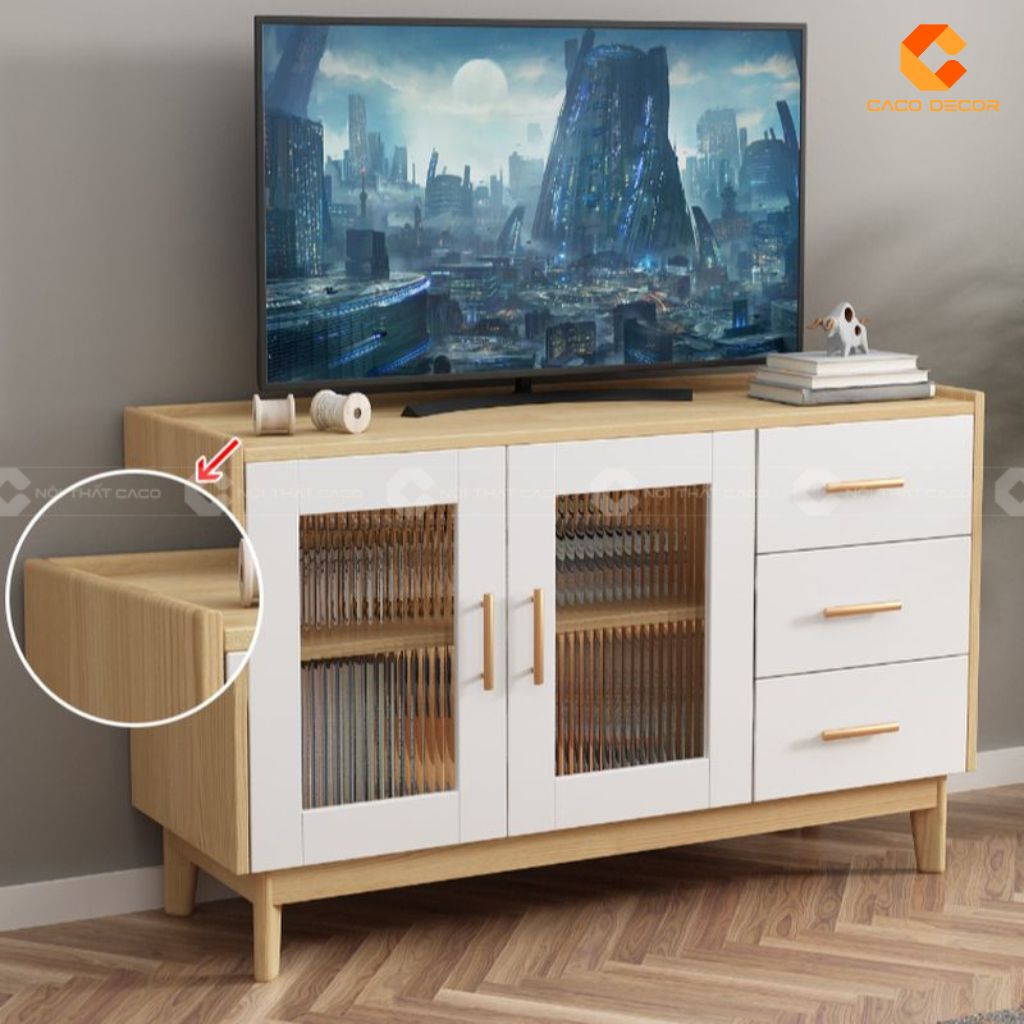 Chi tiết góc bo tròn ở thân kệ tivi gỗ tự nhiên KTV084