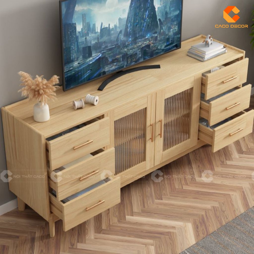 Kệ Tivi Gỗ Tự Nhiên KTV084 Thiết Kế Kính Sọc Hiện Đại 6