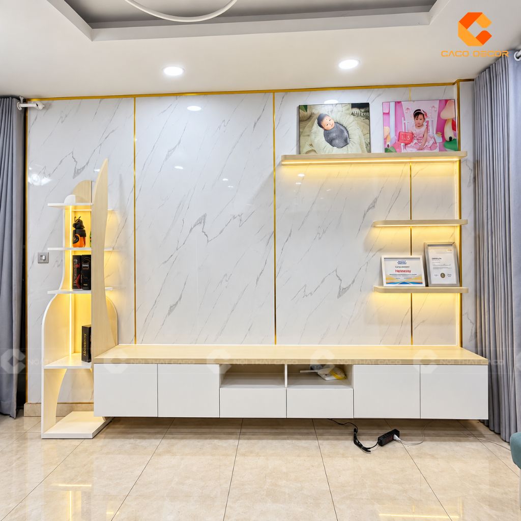 Kệ tivi treo dài phối trắng vân gỗ với hệ đợt trang trí LED