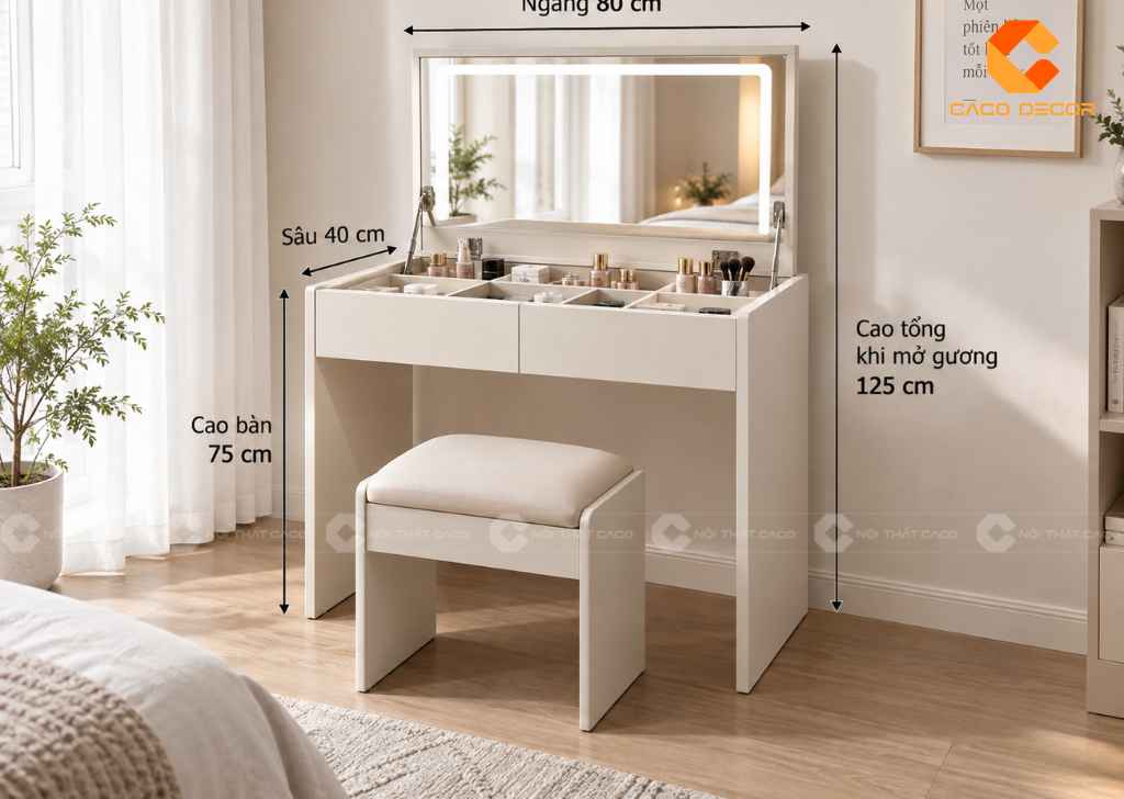 Kích thước bàn trang điểm thông minh gương gập tham khảo
