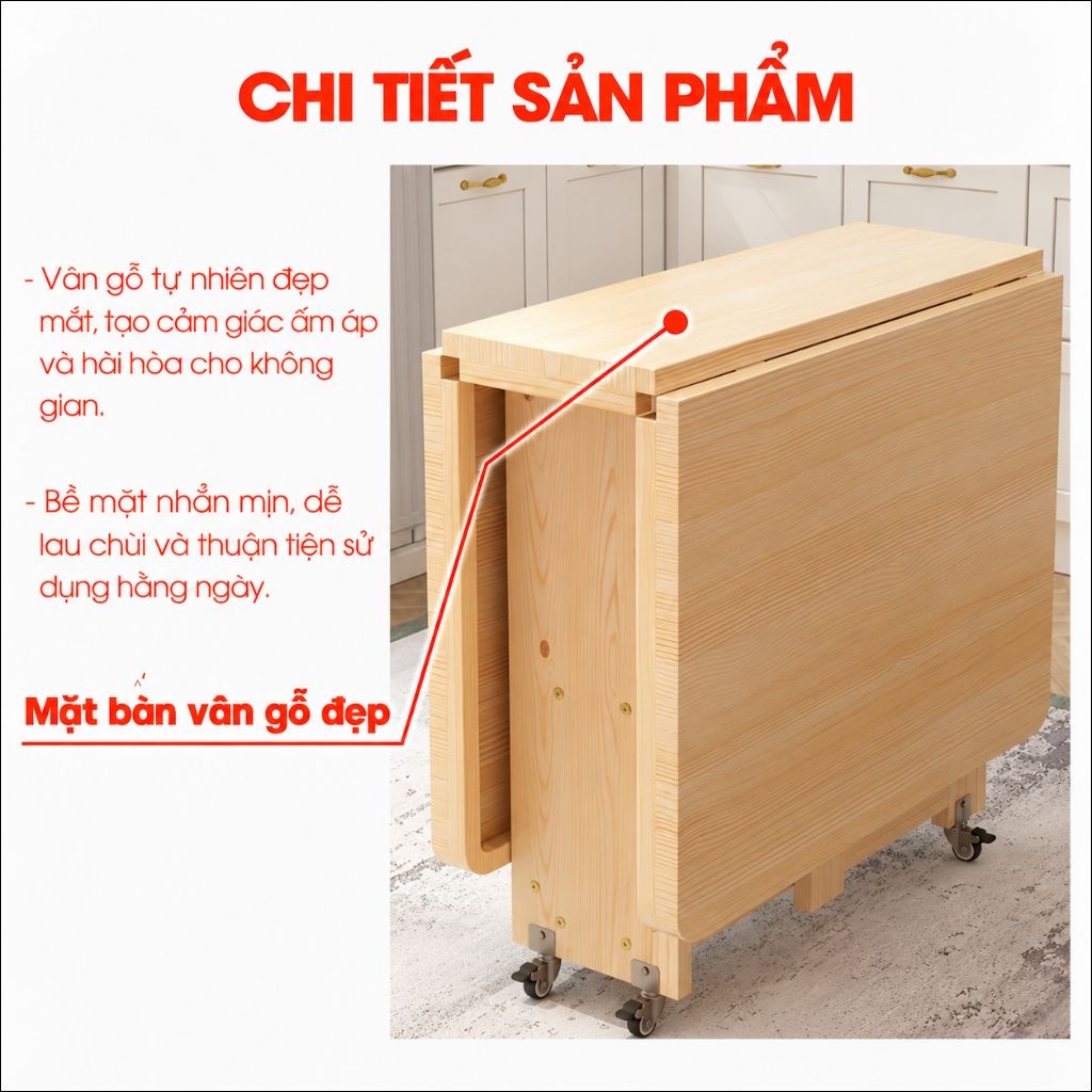 Mặt bàn vân gỗ của bàn ăn gấp gọn BA071 khi thu gọn
