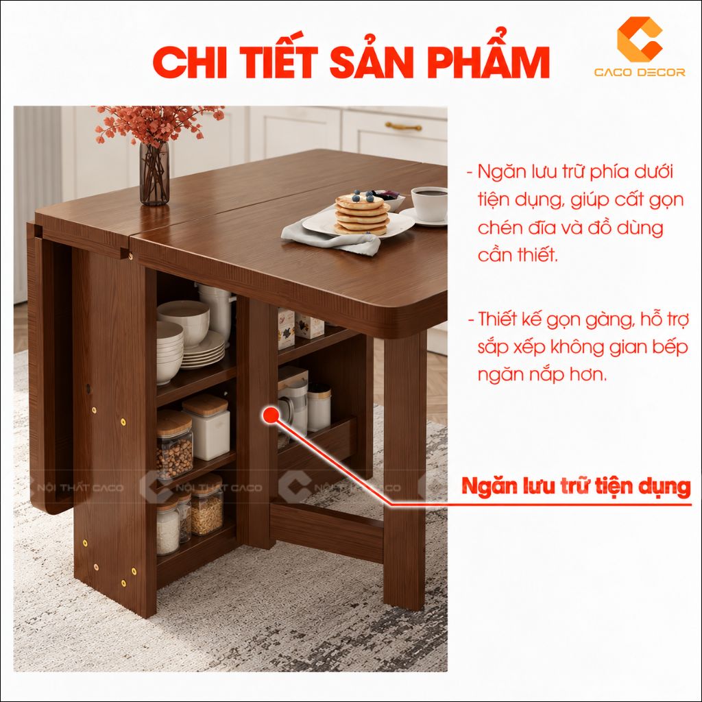 Ngăn lưu trữ tiện dụng của bàn ăn gấp gọn gỗ tự nhiên BA071