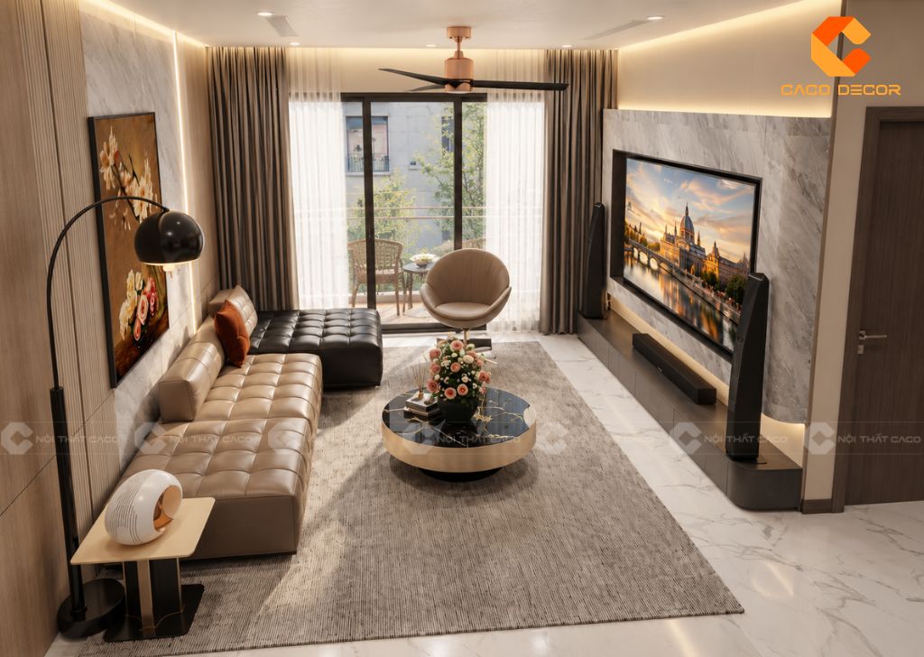 Phối cảnh phòng khách nhìn từ trên cao với sofa chữ L, quạt trần và bàn trà mặt đen