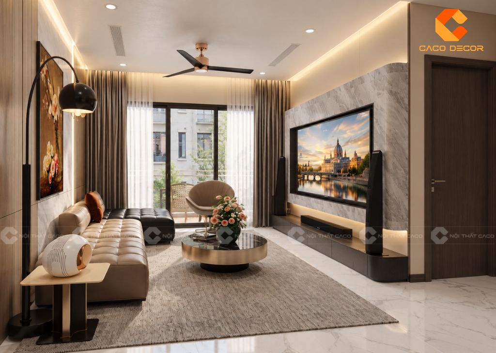 Phòng khách hiện đại với sofa màu kem phối đen, vách tivi vân đá và cửa kính lớn