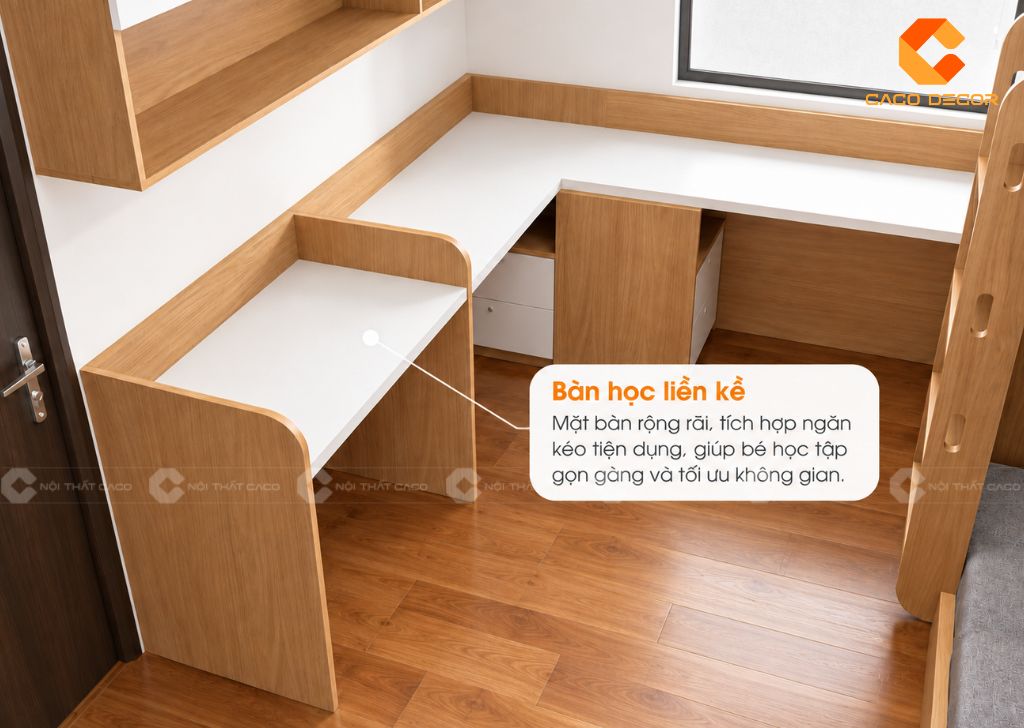 Bàn học chữ L liền kệ trong phòng ngủ trẻ em PNTE100