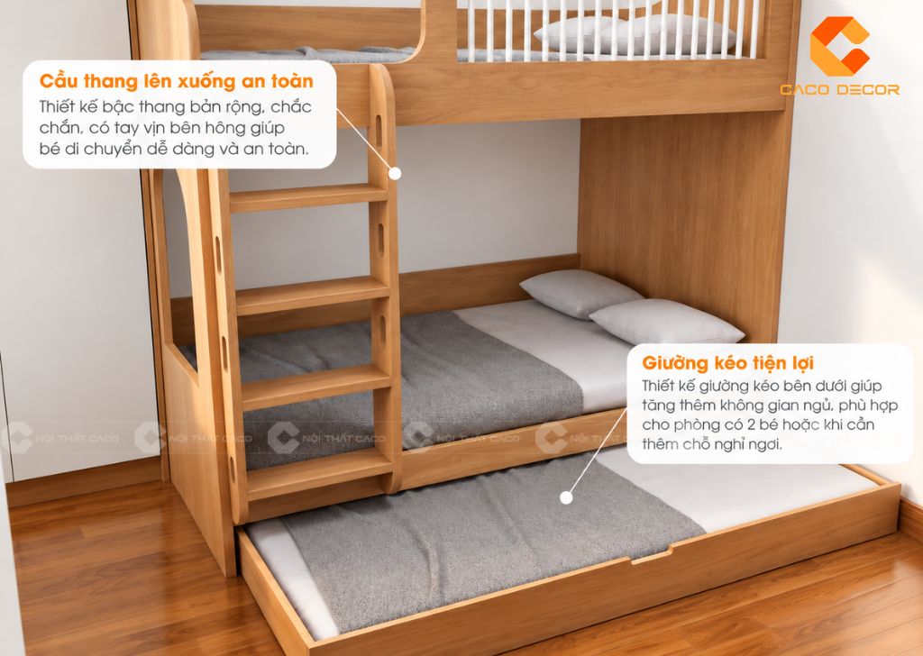 Giường tầng PNTE100 tích hợp cầu thang an toàn và giường kéo phía dưới