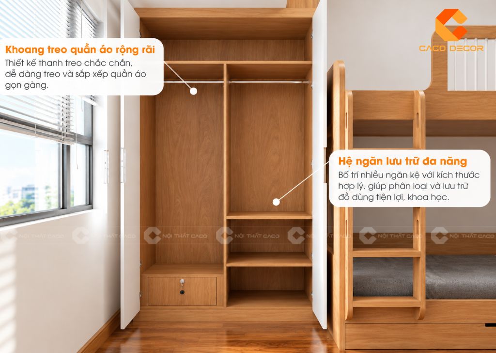 Tủ quần áo nhiều khoang lưu trữ của phòng ngủ trẻ em PNTE100