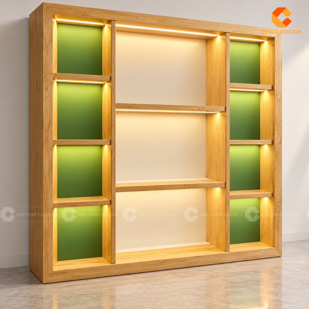 Thiết kế 3D kệ sách gỗ sồi có LED phối hậu xanh của anh Mẫn