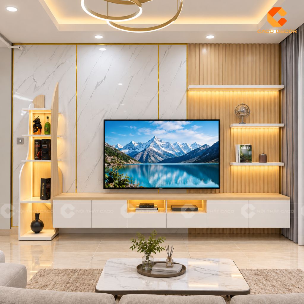 Thiết kế 3D kệ tivi kết hợp kệ trang trí LED nhà anh Hennessy tại Luxgarden