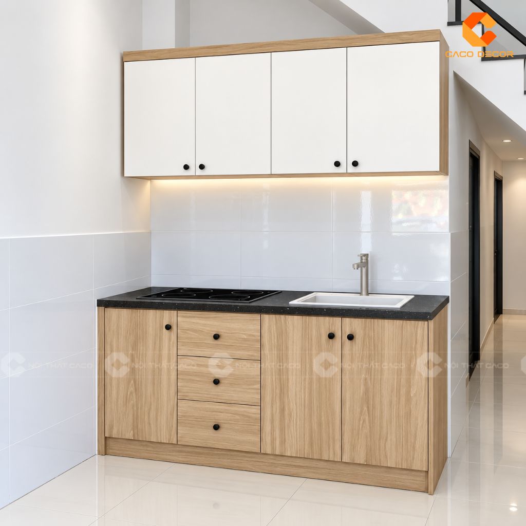 Thiết kế 3D tủ bếp trên dưới phối trắng và vân gỗ cho chị Trâm tại Phú Định