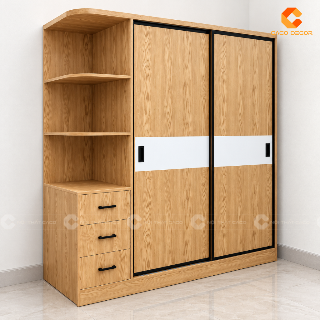 Thiết kế 3D tủ quần áo cửa lùa vân gỗ kết hợp kệ mở của anh Trung