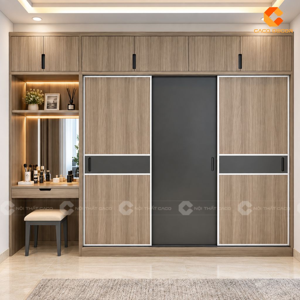 Thiết kế 3D tủ quần áo cửa lùa kết hợp bàn trang điểm chị Trang