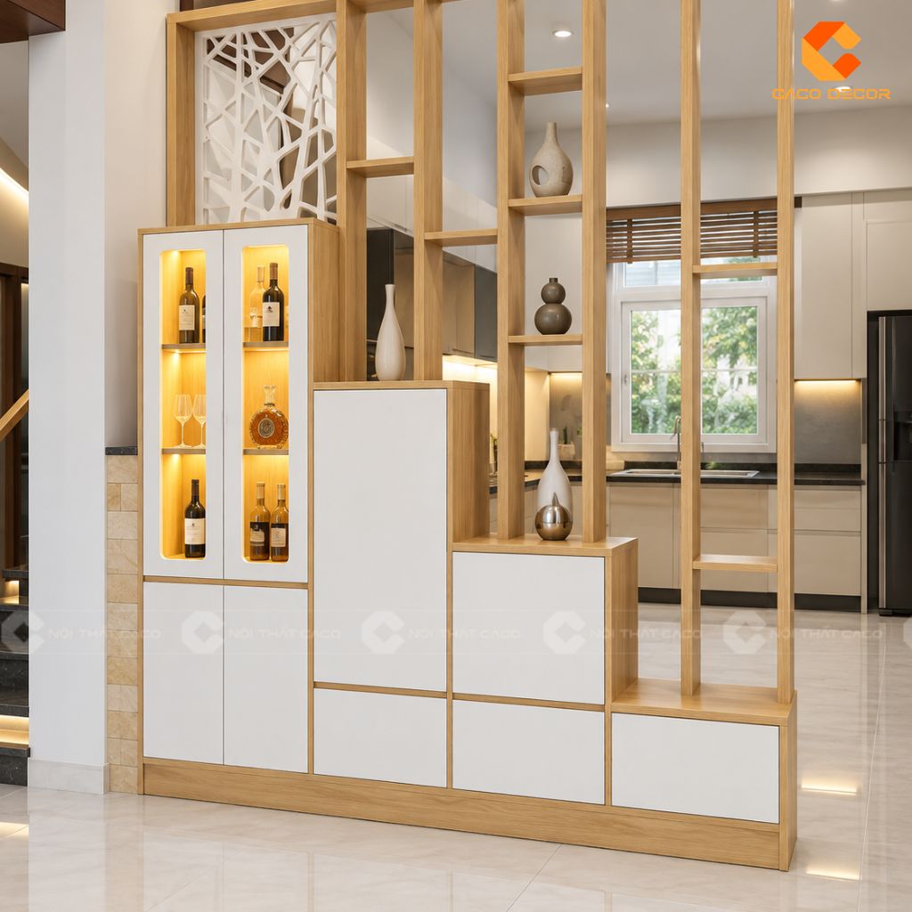 Thiết kế 3D tủ rượu kết hợp vách trang trí vân gỗ phối trắng của anh Thanh