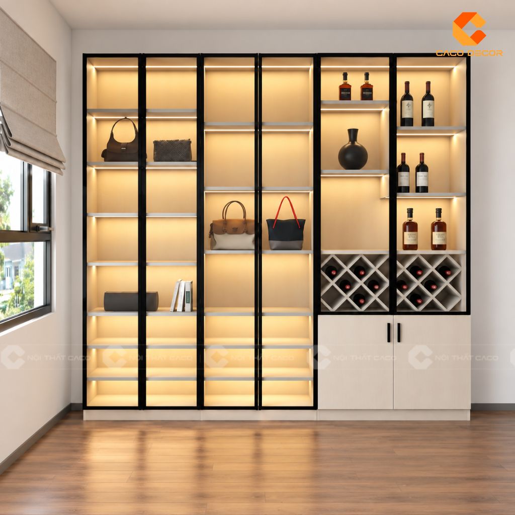 Thiết kế 3D tủ trưng bày kết hợp tủ rượu cánh kính có đèn LED của chị Tiên