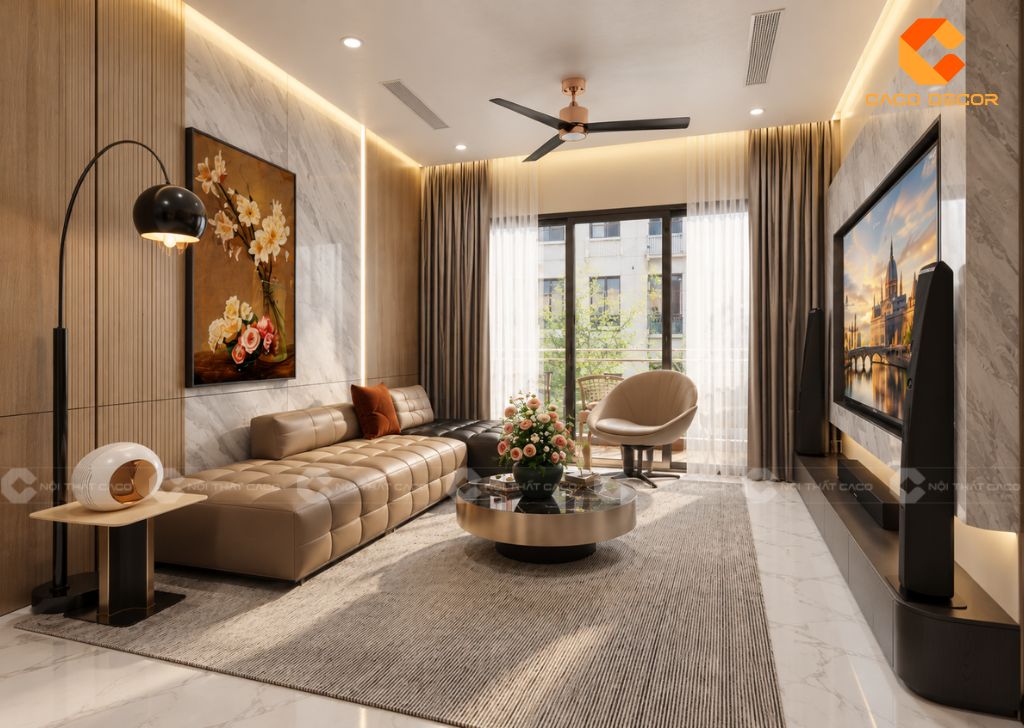 Thiết kế nội thất phòng khách với sofa chữ L và bàn trà tròn