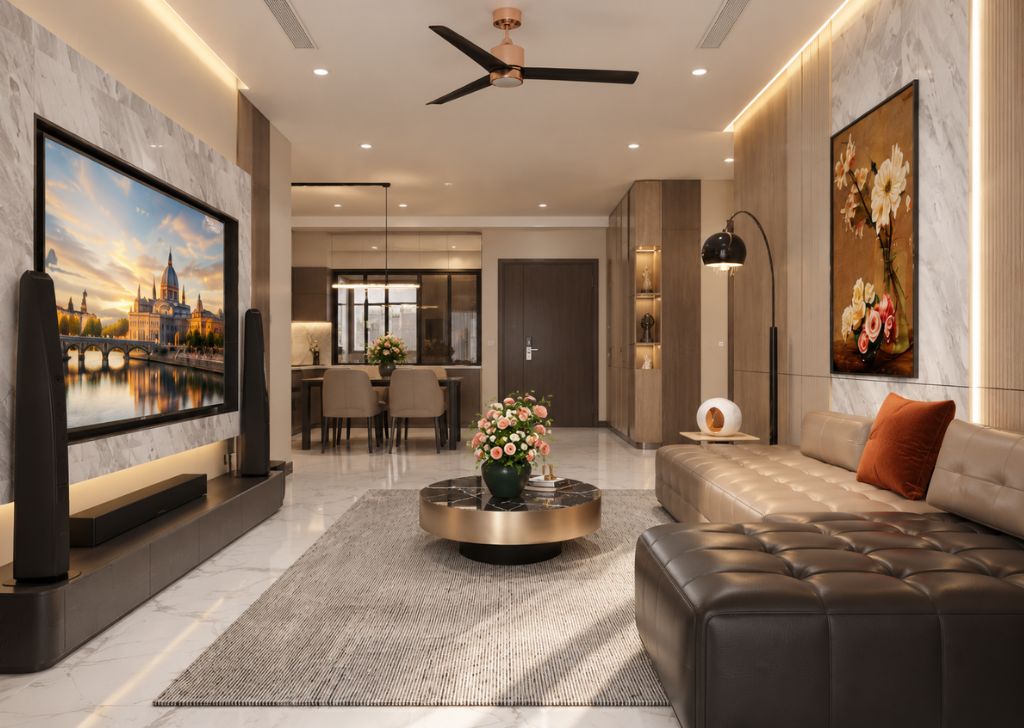 Thiết kế phòng khách liên thông phòng ăn với sofa chữ L và hệ kệ tivi hiện đại