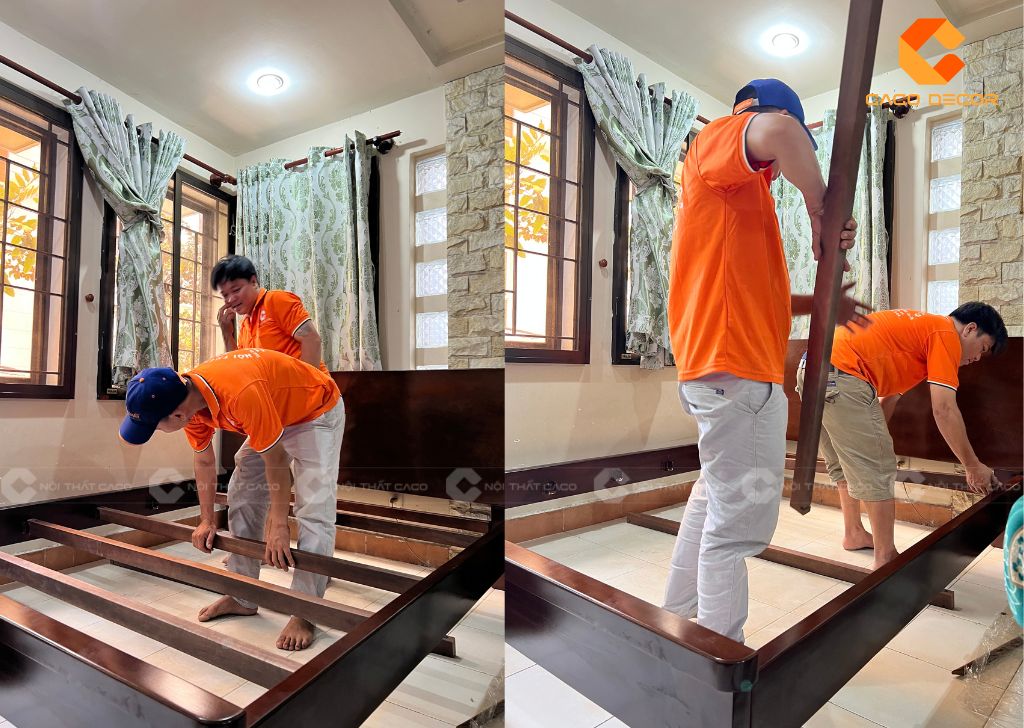 Thợ CaCo thi công giường trực tiếp tại nhà khách