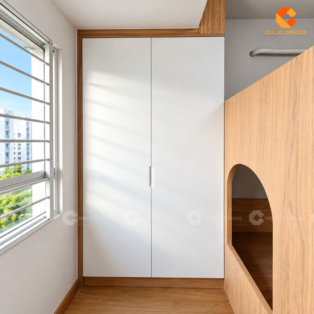 Tủ áo thiết kế sát giường tầng giúp tận dụng diện tích phòng ngủ