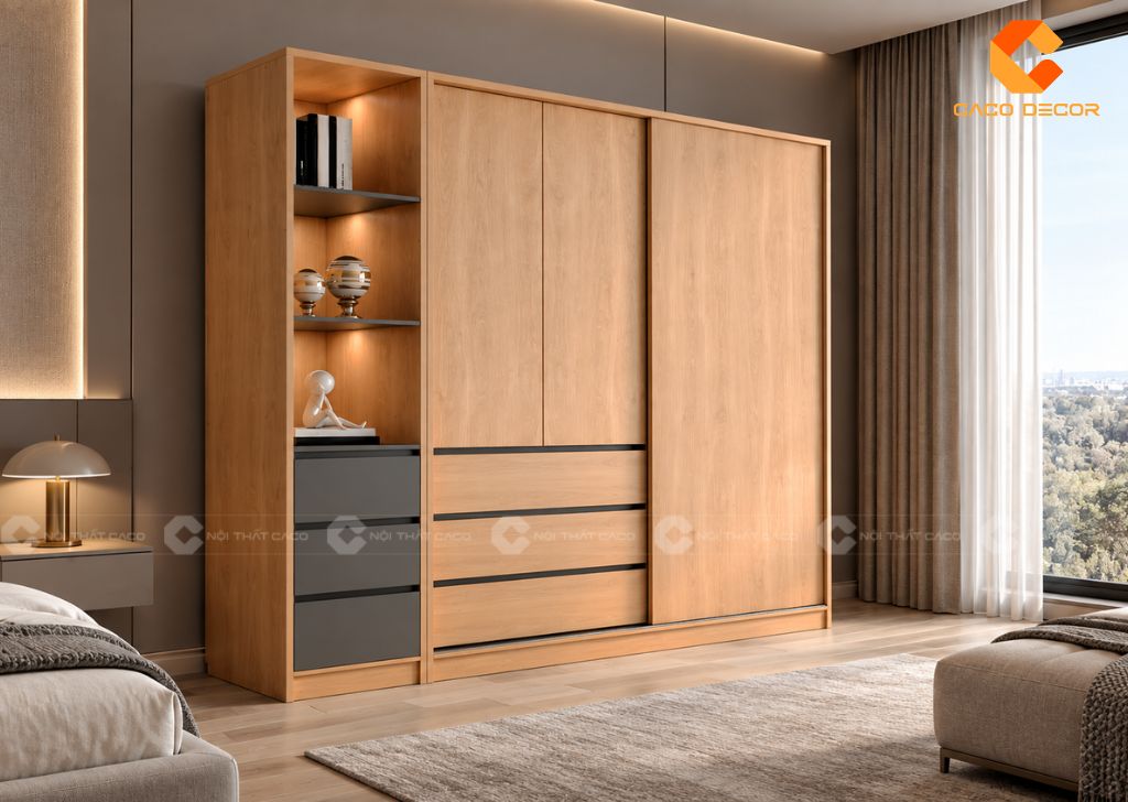 Tủ quần áo cửa lùa 2 cánh 1m2 kết hợp ngăn kéo