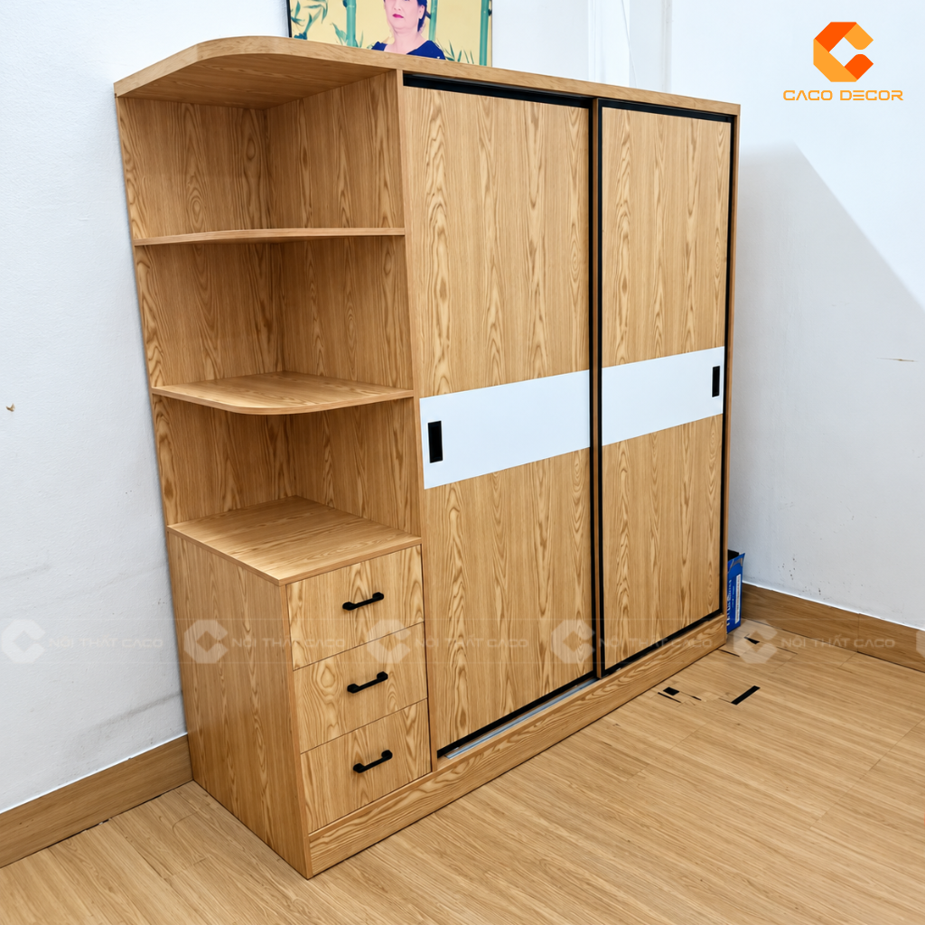 Tủ quần áo cửa lùa kết hợp kệ mở bo cong và ba hộc kéo bên hông