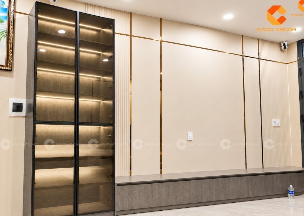 Các mẫu kệ tivi/tủ rượu CaCo thi công theo không gian nhà khách hàng
